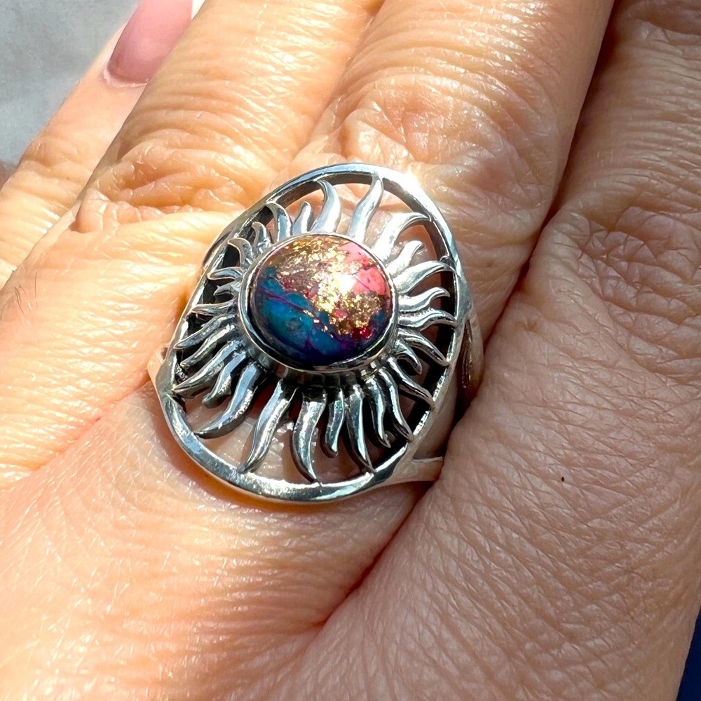 Pink Dahlia Sterling silver Sun design Ring Size 7.5